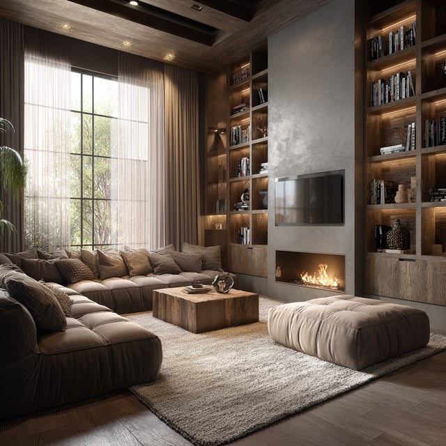 A cozy, luxurious living room with a large sectional sofa, a wooden coffee table, floor-to-ceiling windows, and a modern fireplace integrated into a wall of illuminated bookshelves.