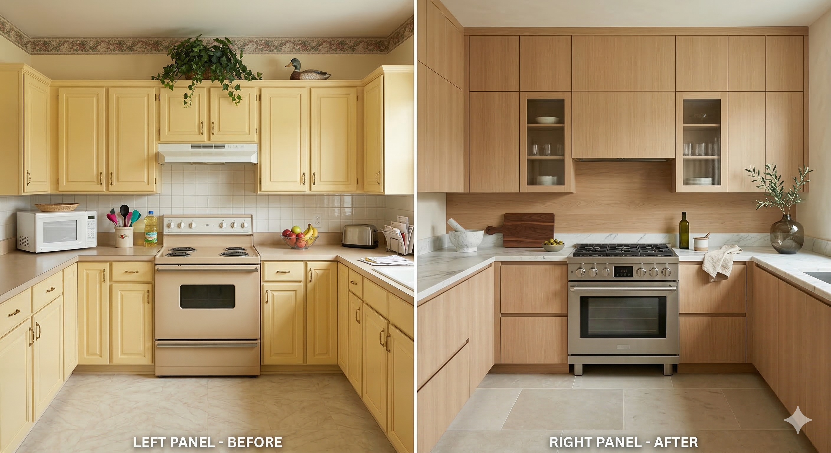 [IMAGE: BEFORE: Kitchen with yellow-painted raised-panel cabinets running to standard upper height, leaving a gap to the ceiling occupied by a floral wallpaper border strip. Duck decoy and trailing ivy on top of upper cabinets. Beige coil-burner range. AFTER: Floor-to-ceiling flat-front cabinets in a light blonde oak tone filling the entire wall. Two flanking glass-front uppers. Marble counters. Stainless professional range and integrated hood.]
