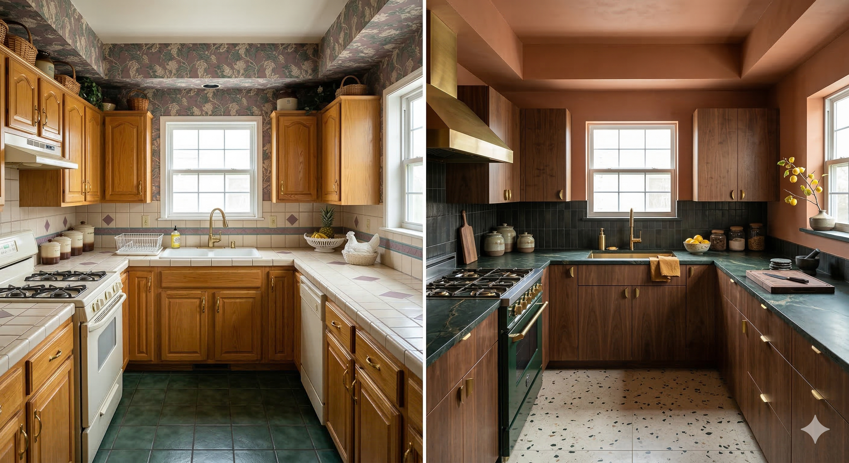 [IMAGE: BEFORE: U-shaped kitchen with uniform honey oak raised-panel cabinets on uppers and lowers, floral-pattern vinyl floor in beige and cream, white coil-burner range, top-mount refrigerator, and standard stainless drop-in sink. AFTER: Same U-shape with deep walnut flat-front lower cabinets and warm white upper cabinets, both with slim bar pulls. Farmhouse apron sink beneath subway tile backsplash with tight horizontal joints. Wide-plank hardwood floors. Globe pendant over counter space.]
