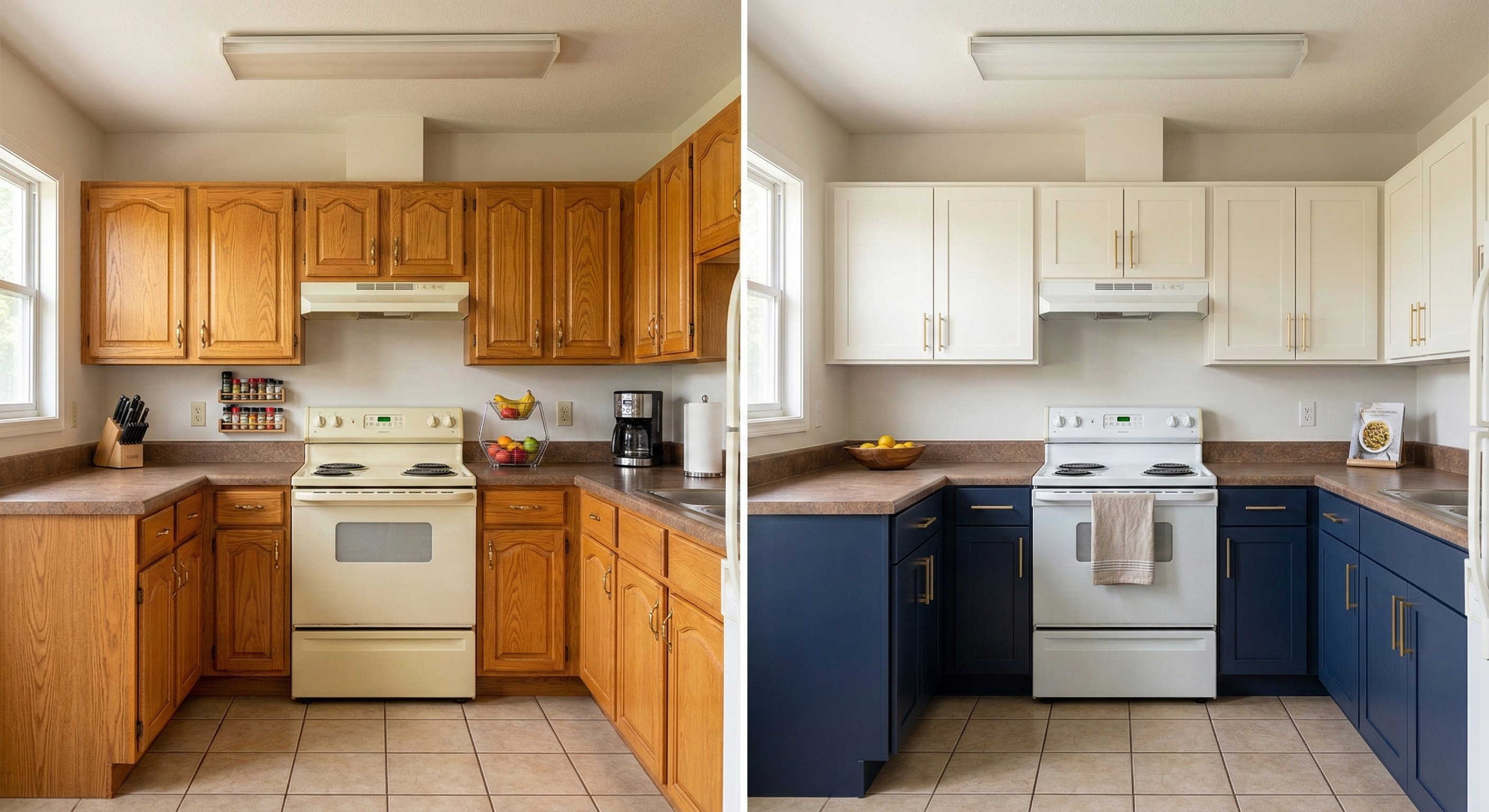 [Image 4: Before & after—golden oak cabinets updated to a two-tone scheme with white upper cabinets and navy lower cabinets, both with gold hardware]