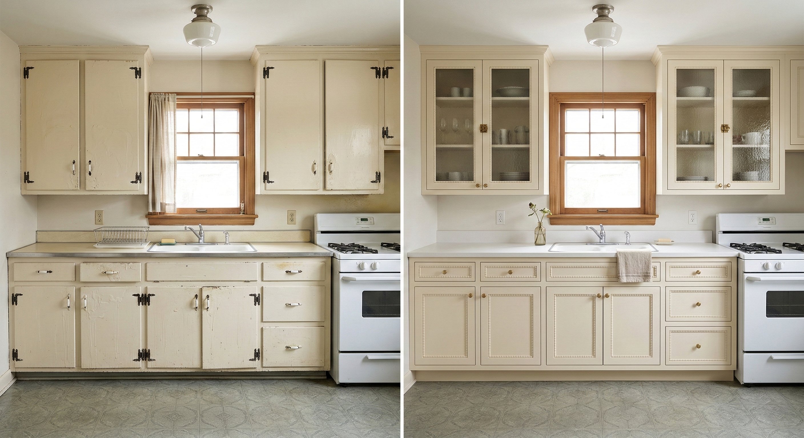 [Image 5: Before & after—worn, chipped cream cabinets with old strap hinges replaced with clean cream shaker-style doors, glass-front upper cabinets, and brass hardware]