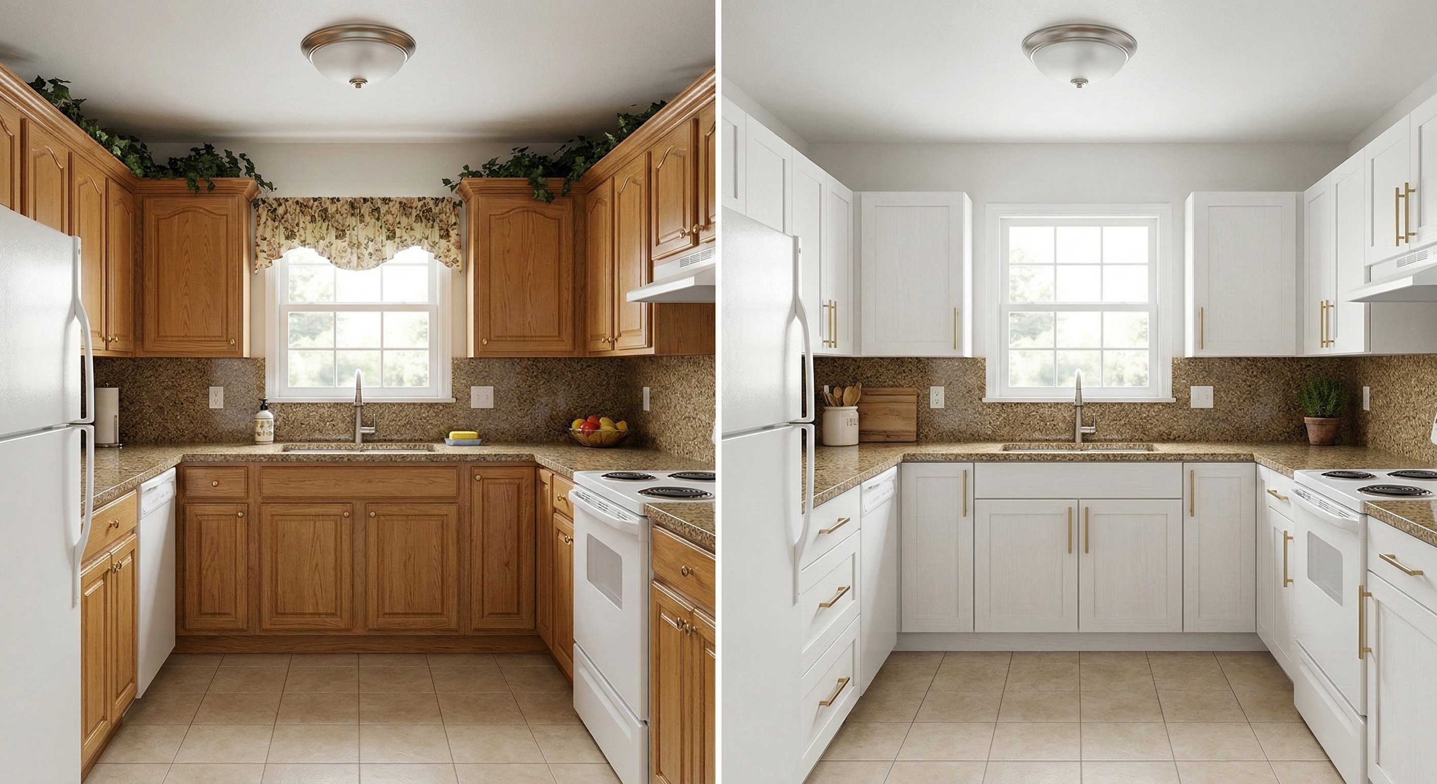 [Image 1: Before & after—honey oak raised-panel cabinets replaced with white shaker-style doors and gold bar pulls]