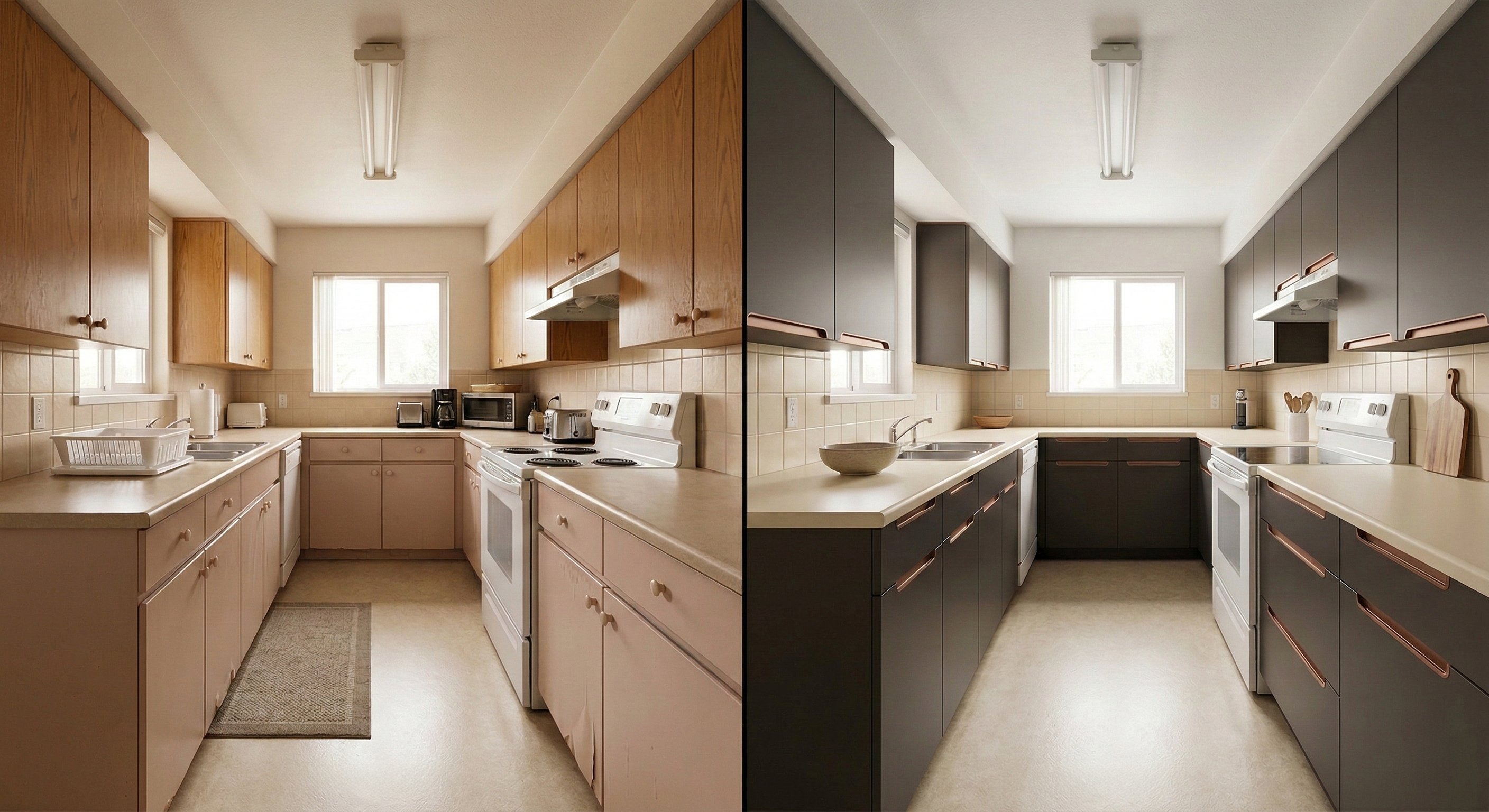[Image 2: Before & after—warm oak cabinets with beige laminate counters transformed with dark charcoal flat-front doors and copper pulls]