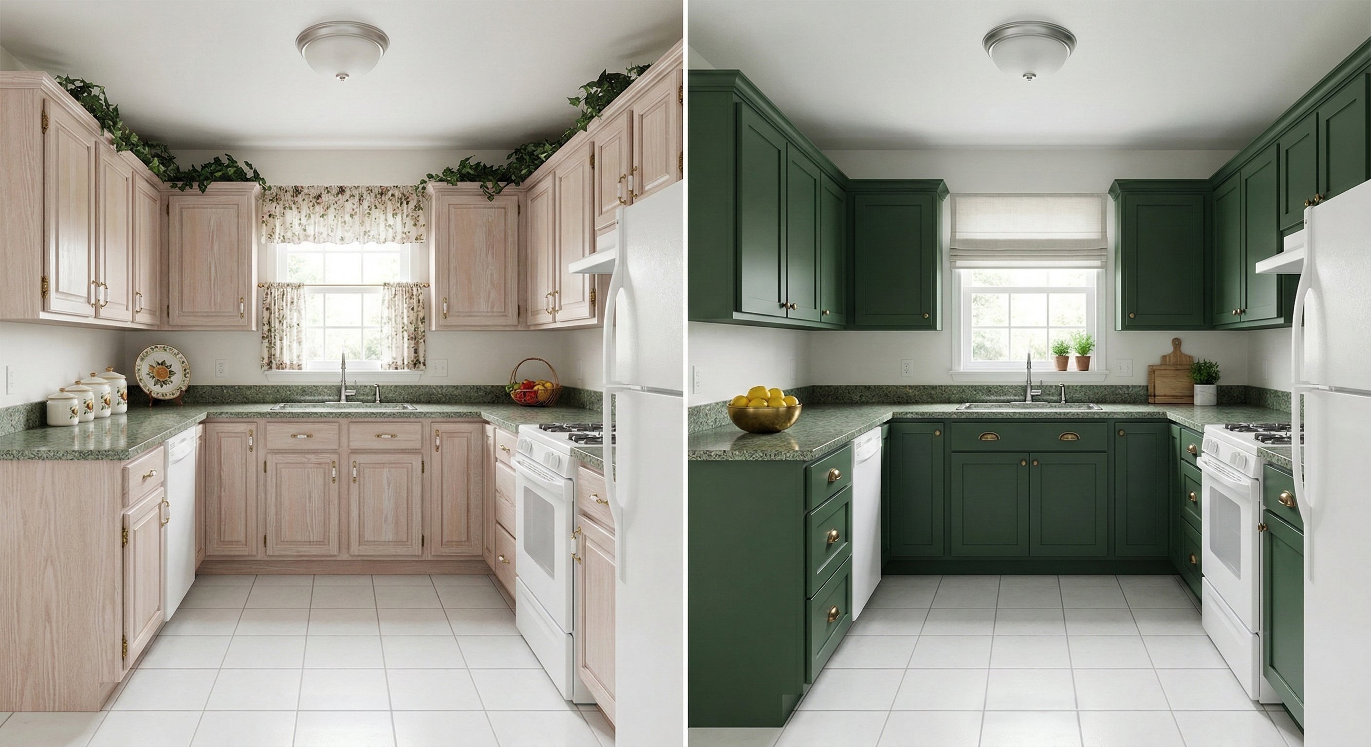 [Image 6: Before & after—pale washed-wood cabinets replaced with deep hunter green raised-panel doors and brass cup pulls]