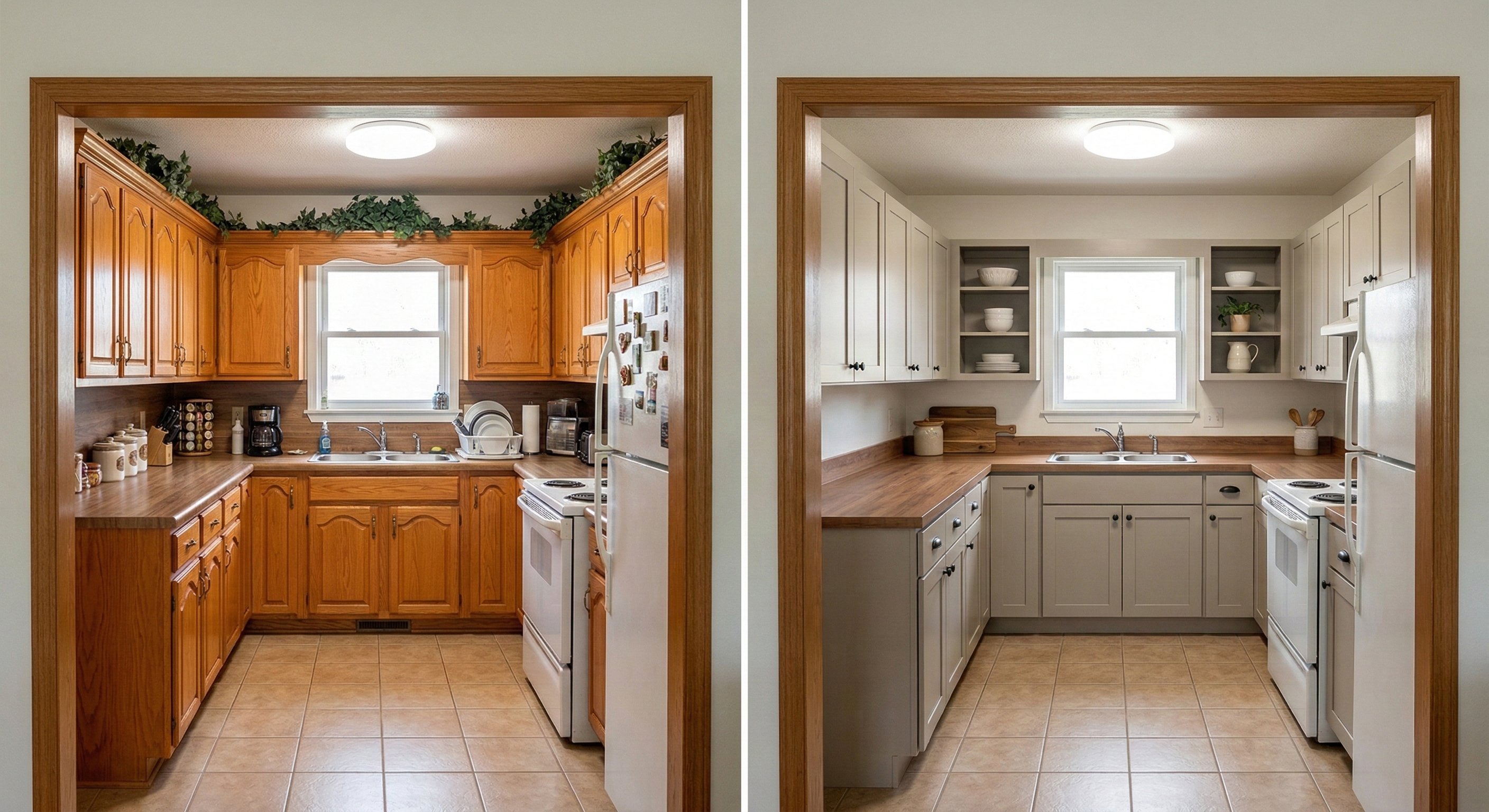 [Image 3: Before & after—golden oak cabinets updated to warm greige shaker doors with select upper cabinets converted to open shelving]