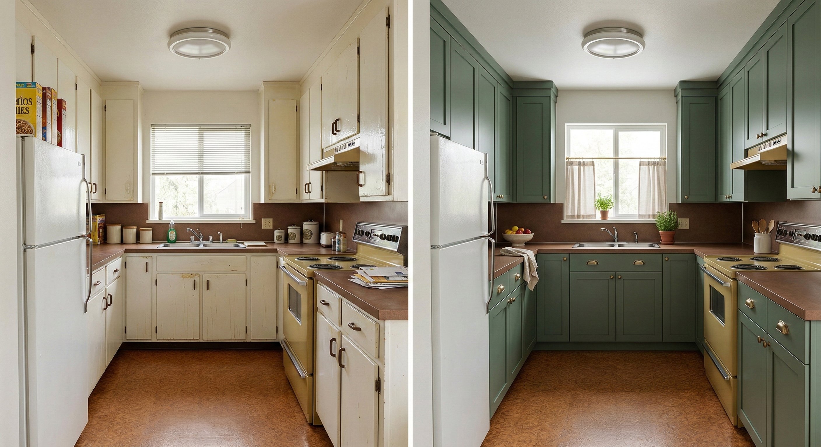 [Image 7: Before & after—worn, yellowed white cabinets replaced with sage green shaker-style doors and brass hardware]