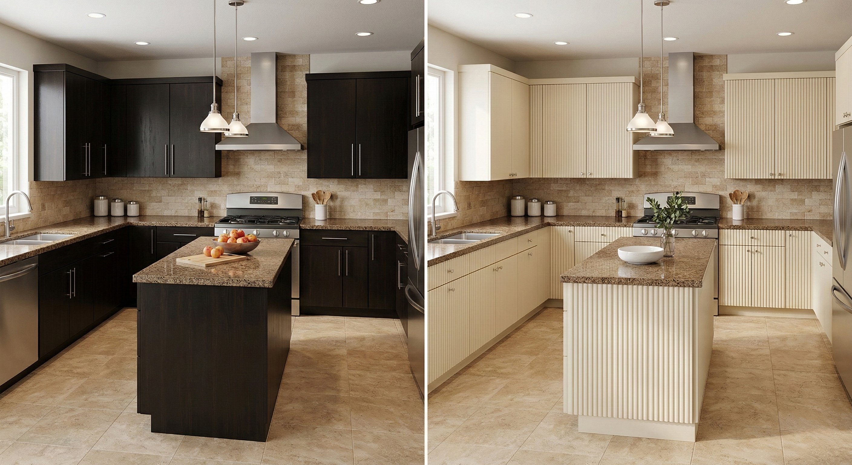 [Image 8: Before & after—dark espresso shaker cabinets replaced with cream cabinets featuring fluted kitchen island panels]