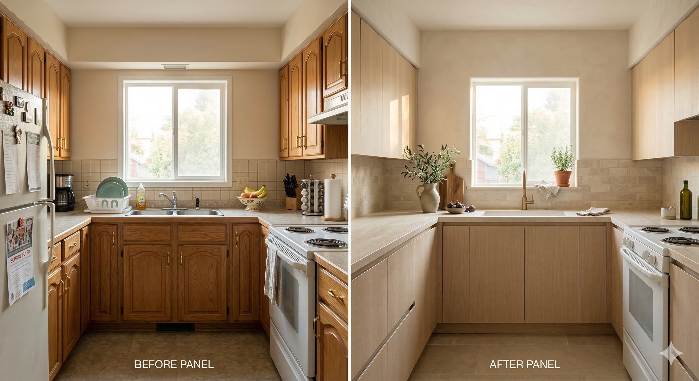 [IMAGE: BEFORE: Compact U-shaped kitchen with beige-toned oak raised-panel cabinets, gap between upper cabinets and ceiling, backsplash of smaller cream tiles with clearly visible grout lines, and laminate countertops in matching beige. White coil-burner range. White top-freezer refrigerator. Lived-in counters with dish rack and grocery list on the fridge. AFTER: Same footprint with warm blonde flat-front cabinets extending fully to the ceiling. Large-format stone-look backsplash tile with almost invisible joints. Warm white quartz counters. Same white range and refrigerator, but surrounded by materials that make them feel deliberate.]