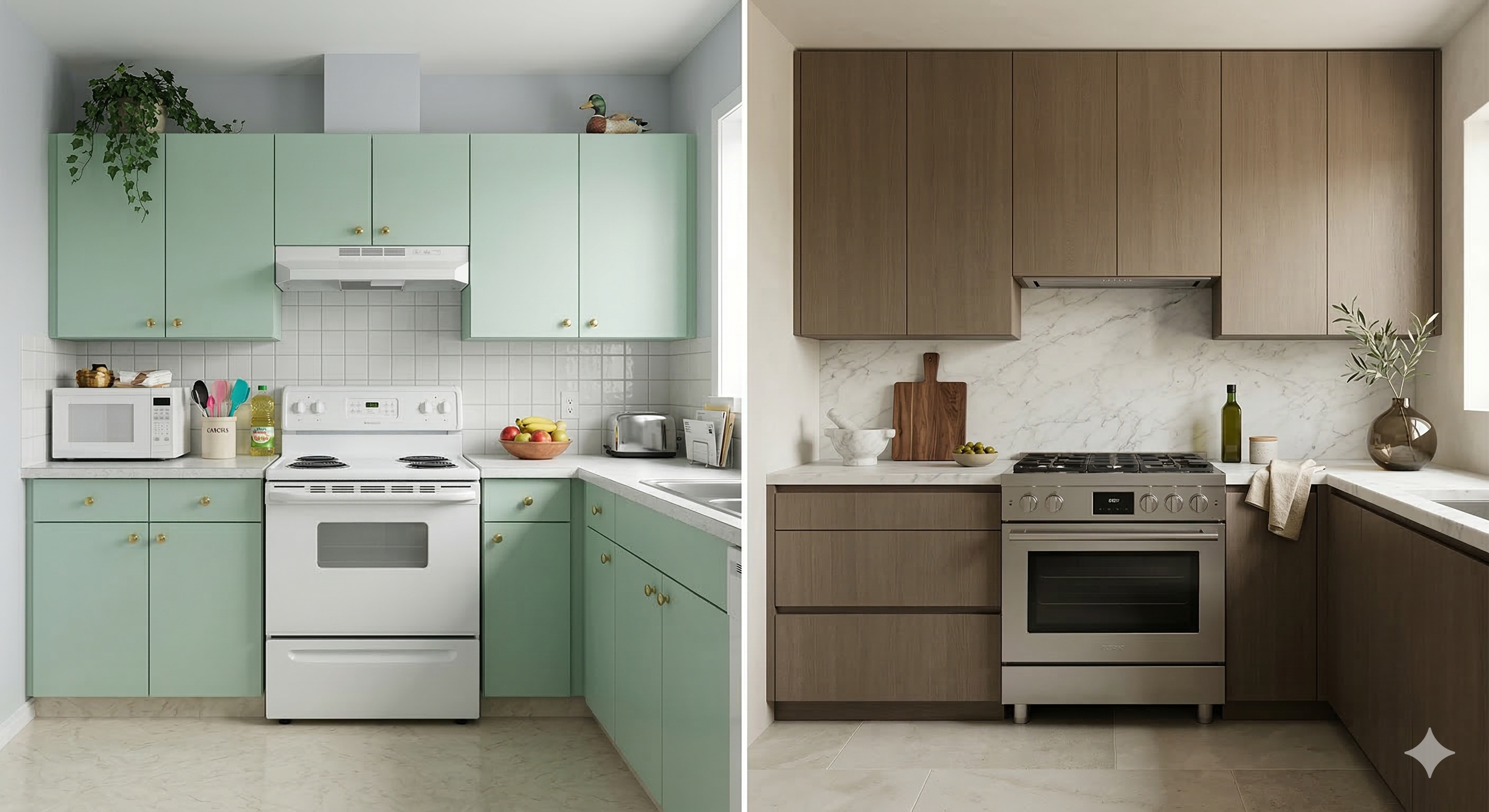 Two kitchens side-by-side: a green one and a wood-toned one.1