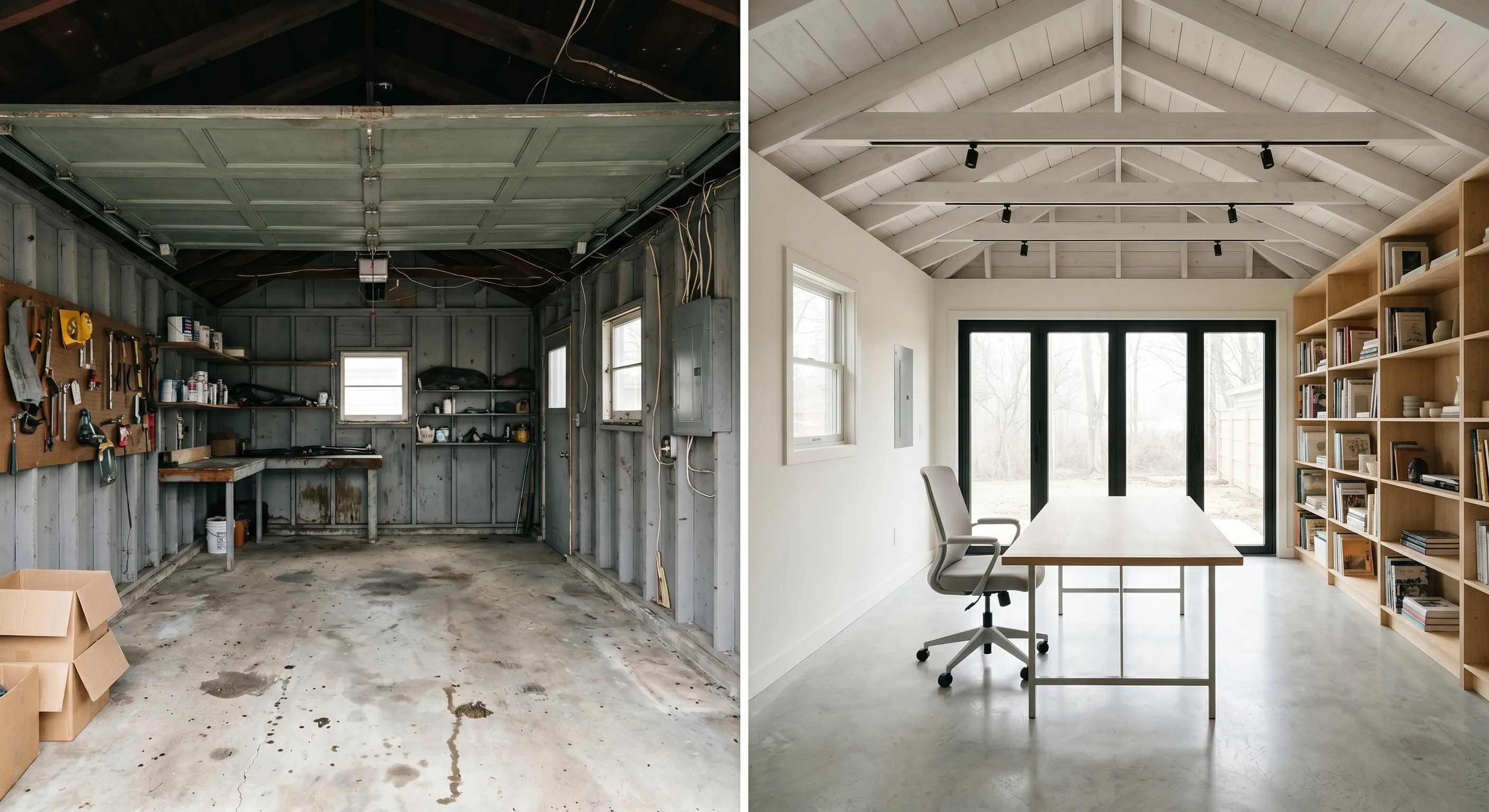 Before and after images of a dusty garage transformed into a bright office with built-in shelves and a large glass door.