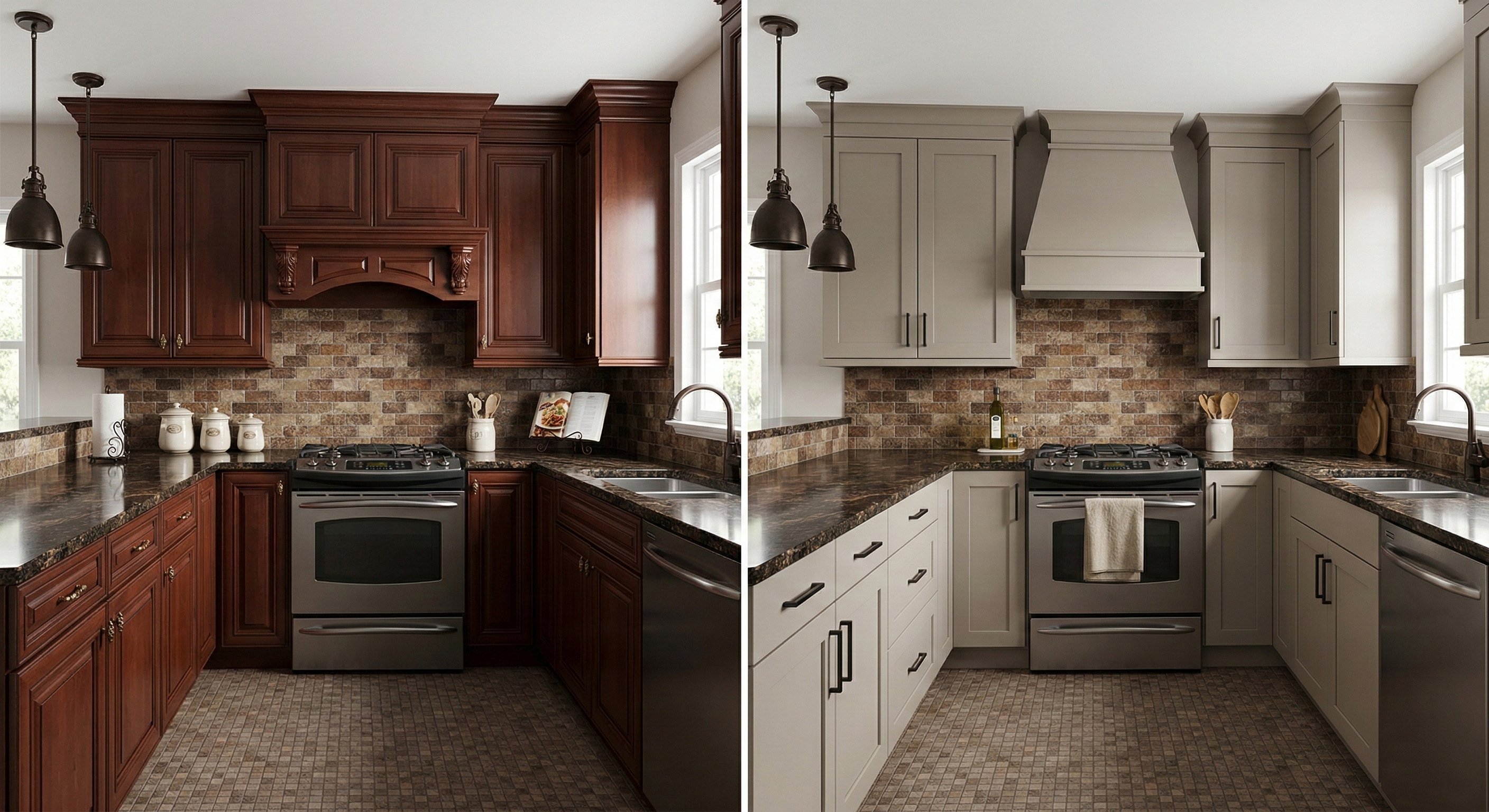 [Image 9: Before & after—dark cherry raised-panel cabinets with ornate details replaced with soft greige shaker doors and matte black hardware]