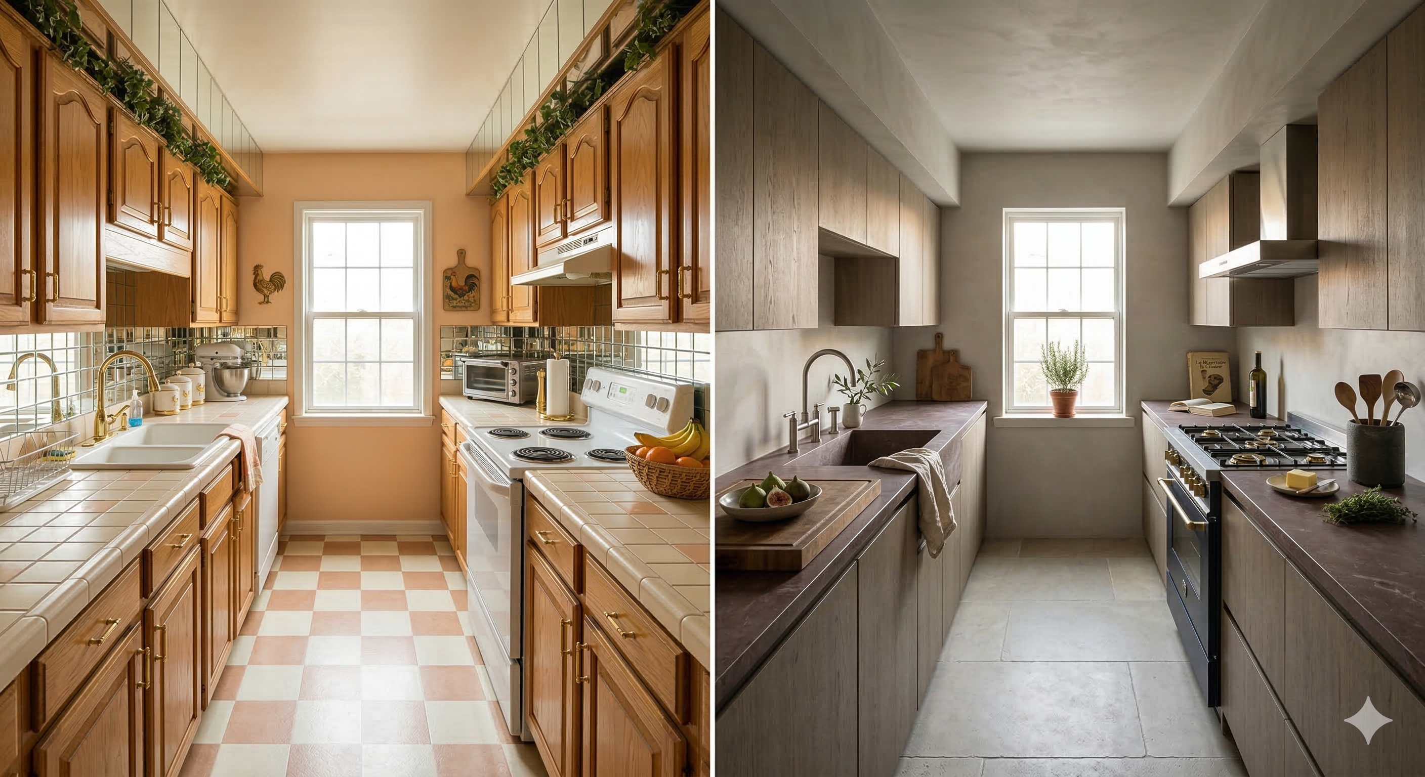 [IMAGE: BEFORE: Narrow galley kitchen with peach walls, honey oak cabinets on both sides, mirrored tile backsplash, tiled countertops in cream, and a pink-and-white checkerboard vinyl floor running the length of the galley. Rooster wall decor. AFTER: Same galley footprint with warm greige plaster walls and ceiling, dark grey-toned oak flat-front cabinets on both sides, honed concrete counters with integrated trough sink, and large-format limestone tiles in warm ivory covering the floor with barely visible joints. High-output gas range.]