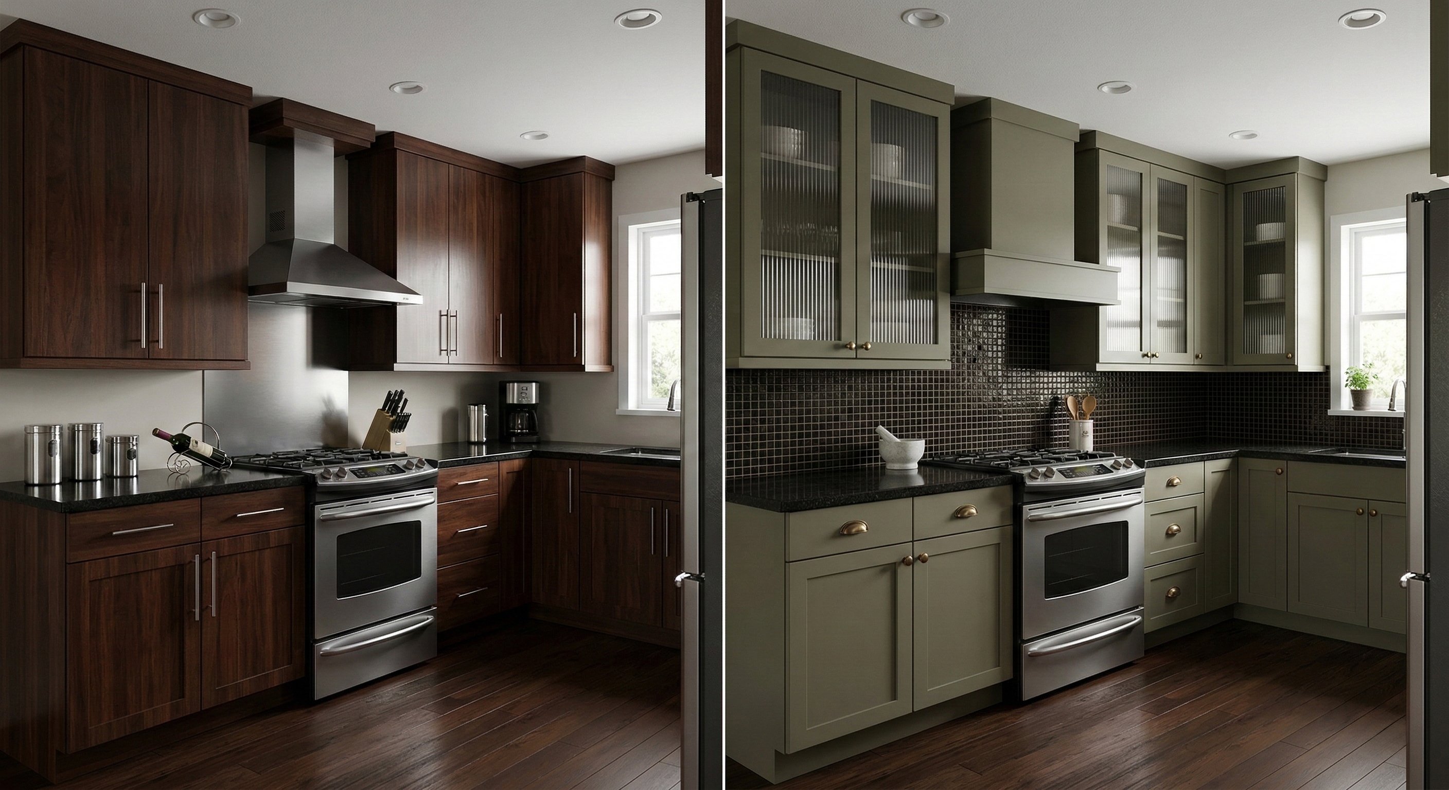 [Image 10: Before & after—dark walnut flat-front cabinets replaced with earthy olive shaker doors and reeded glass upper cabinets, with brass hardware]