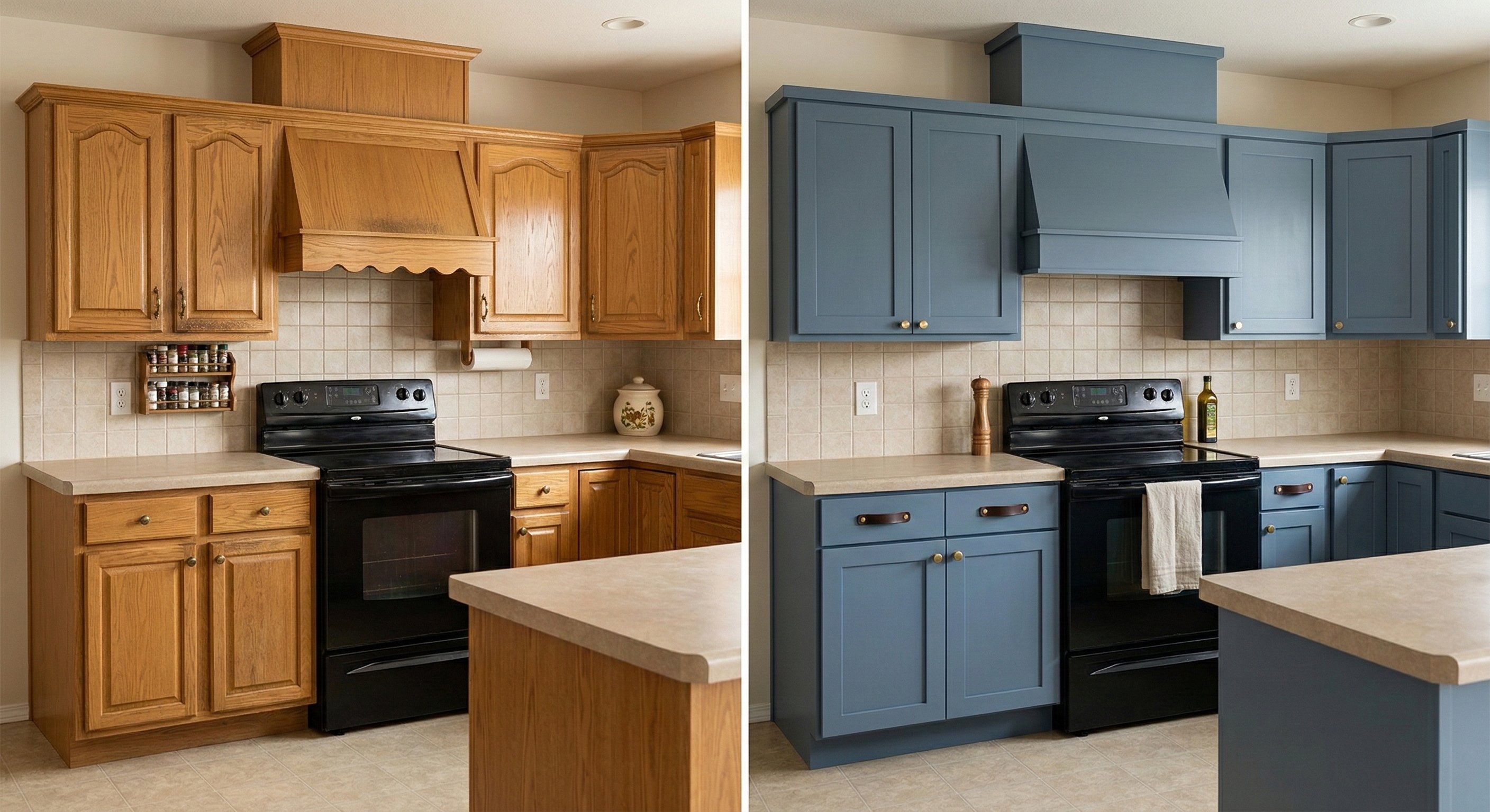 [Image 11: Before & after—raised-panel oak cabinets with ornate range hood replaced with slate blue shaker doors and leather tab pulls]
