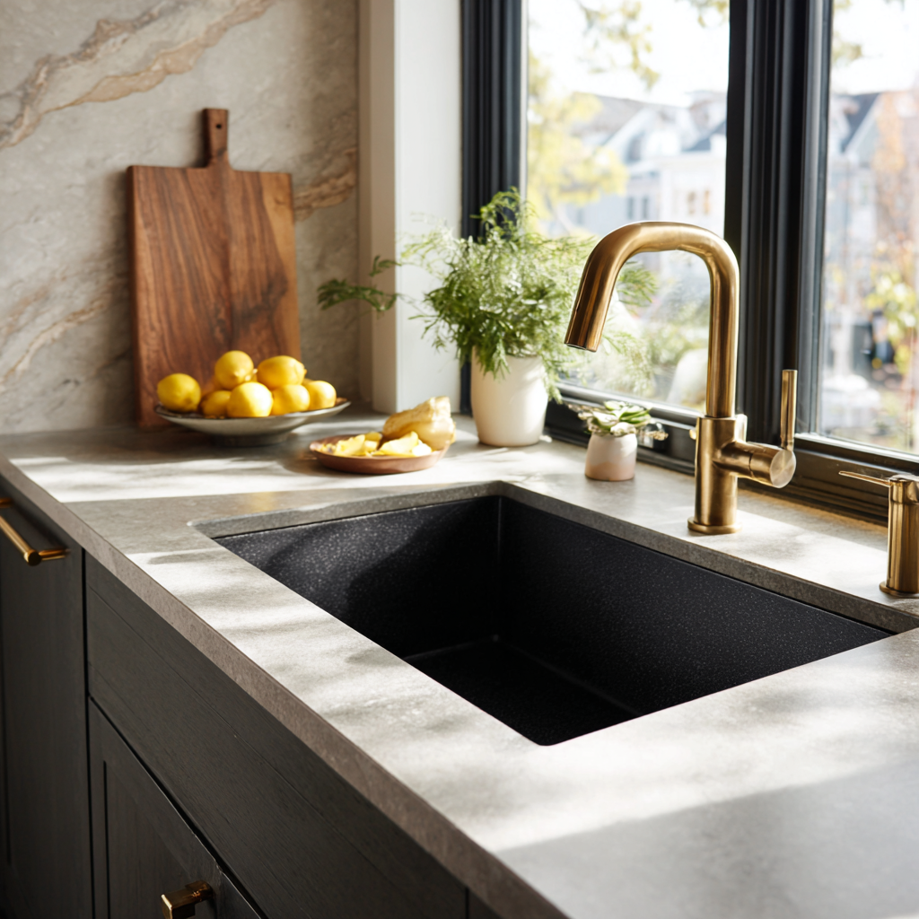 Black undermount sink with a brass-colored faucet set into a grey countertop, with lemons on a platter nearby.
