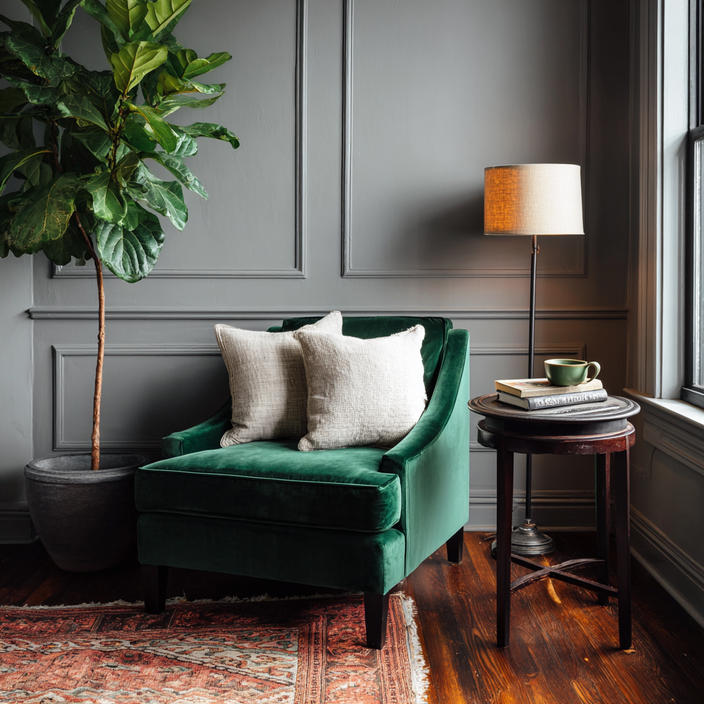 Gray Walls Green Chair