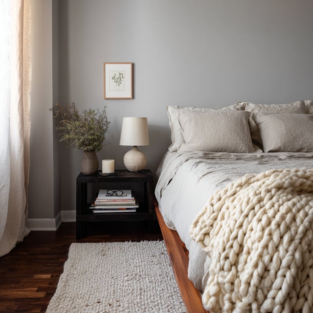 A cozy bedroom with light gray walls, a wooden bed frame, linen bedding, a chunky cream knit blanket, and a dark wood nightstand with a lamp.