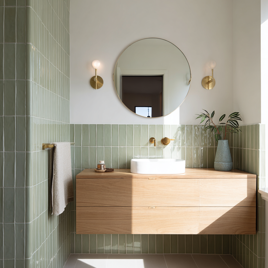 Green Half Wall Tile With White Walls