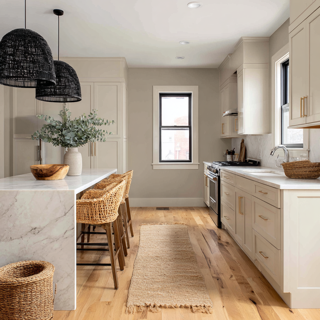  Greige kitchen with light wood floors and black pendant lights.