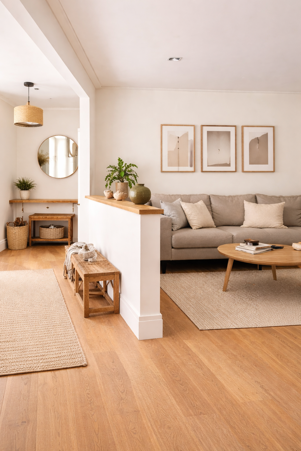A modern, open-concept living space featuring a wood-capped pony wall that divides the entryway from the lounge, complemented by a neutral sofa and light oak flooring.
