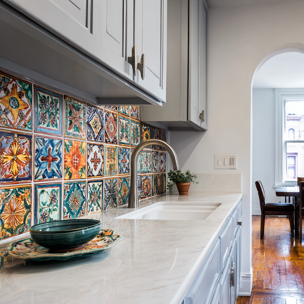 Handpainted Tiles Gray Cabinets