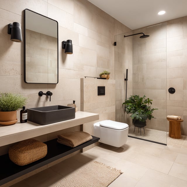 A modern, spa-like bathroom with beige stone tile walls, a floating vanity with a dark vessel sink, matte black fixtures, and a glass-enclosed walk-in shower accented by greenery.