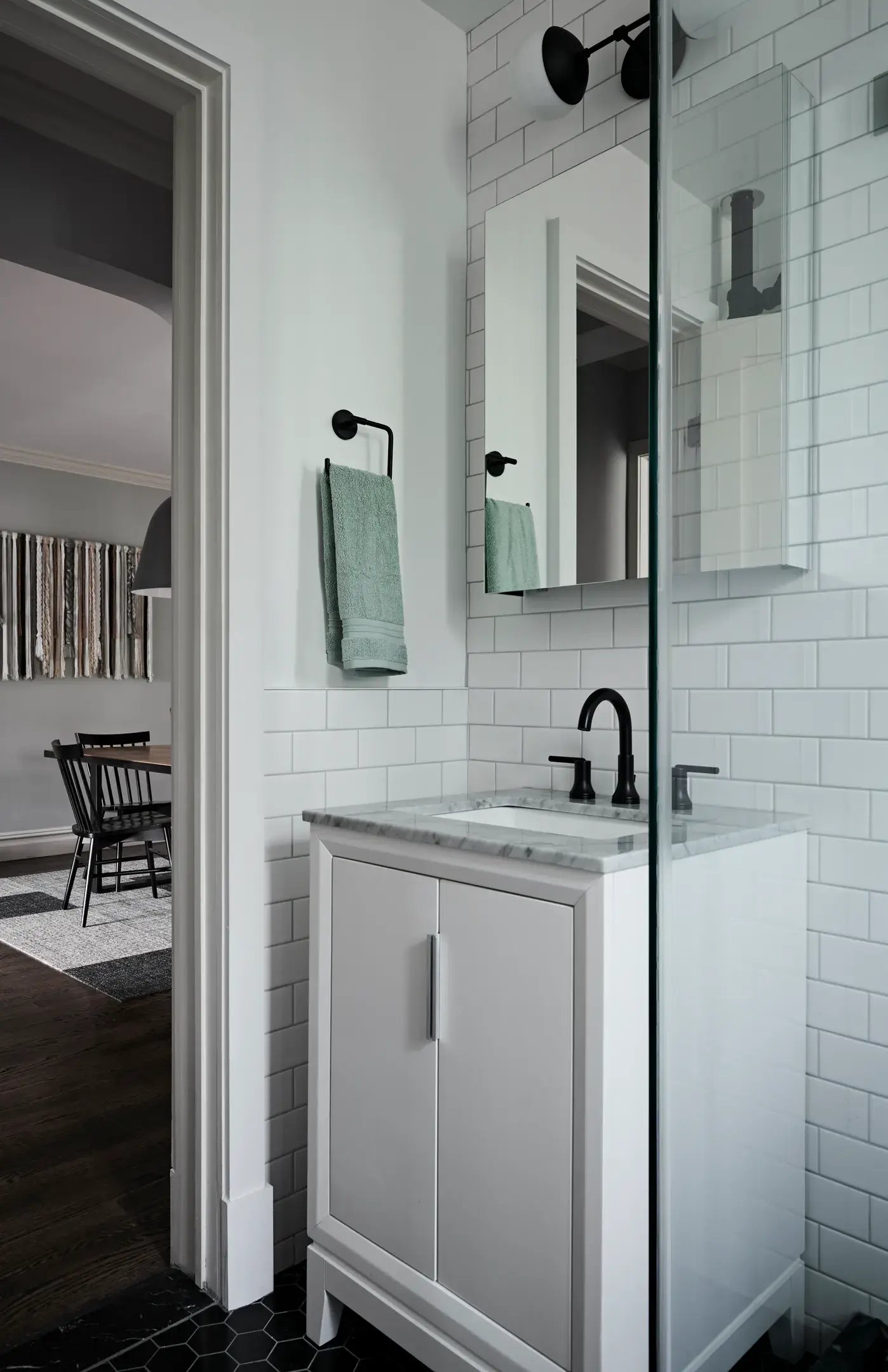 Compact Queens Bathroom White Tile White Vanity