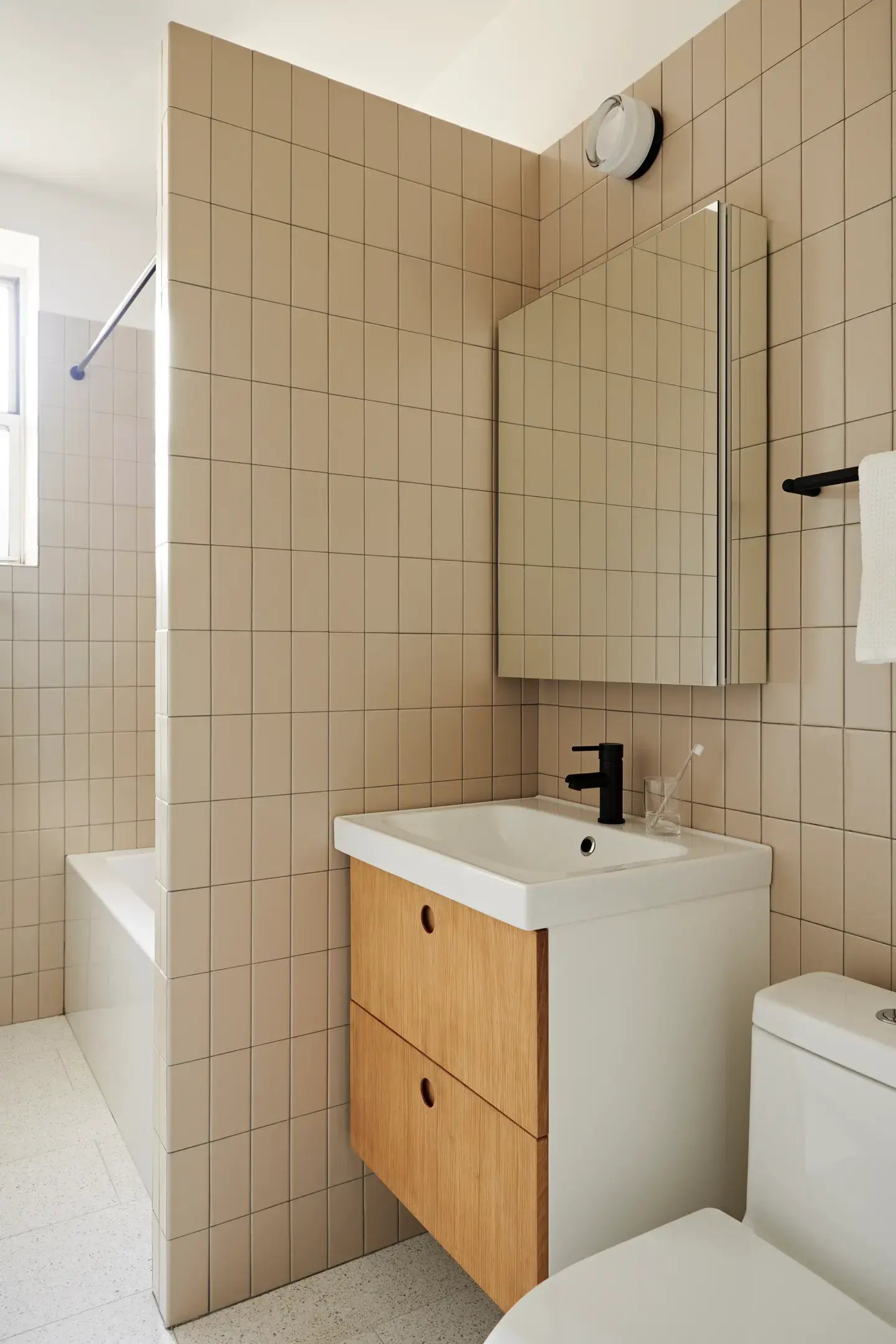 Bathroom with vertical subway tile