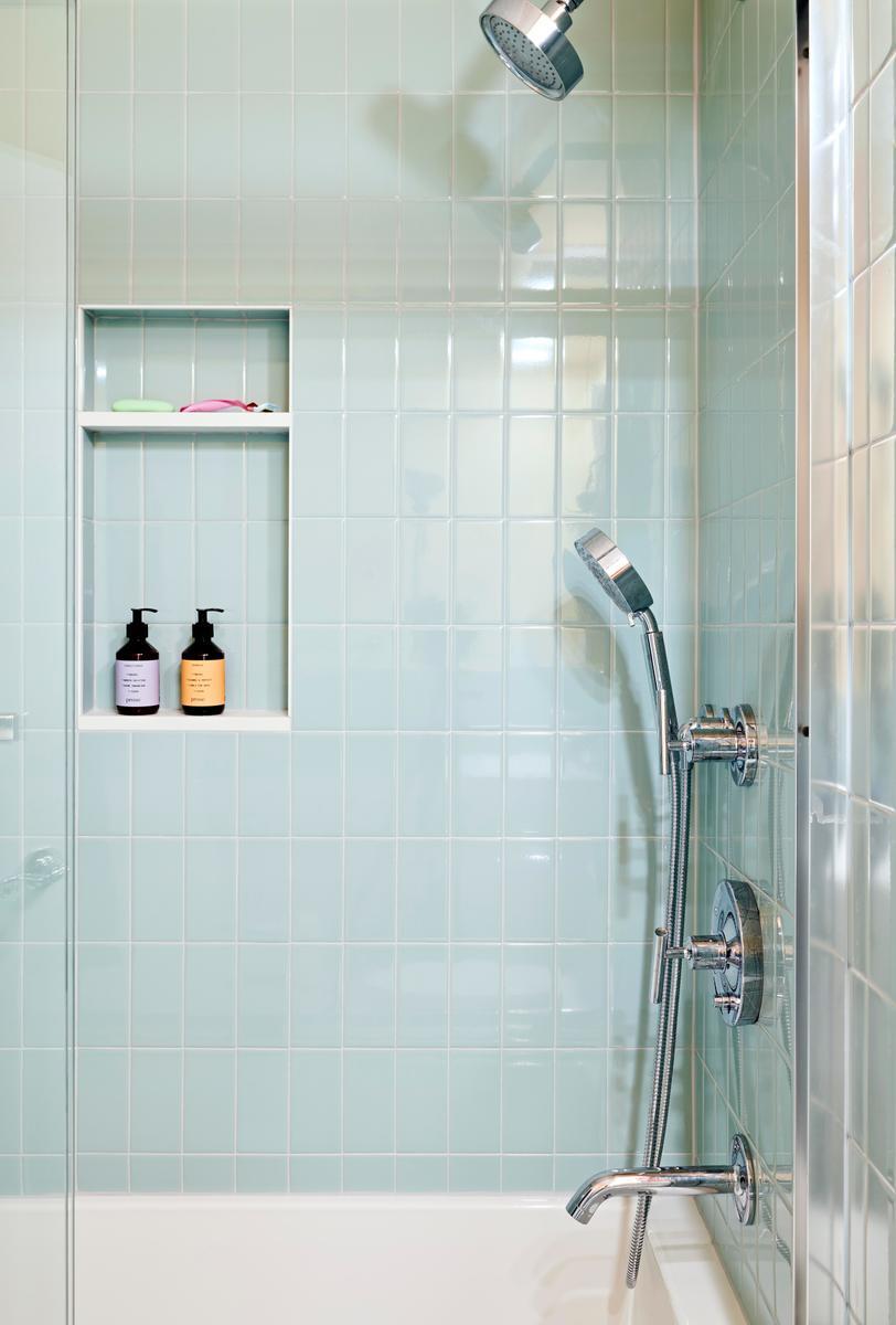 Bathroom vertical subway tile blue