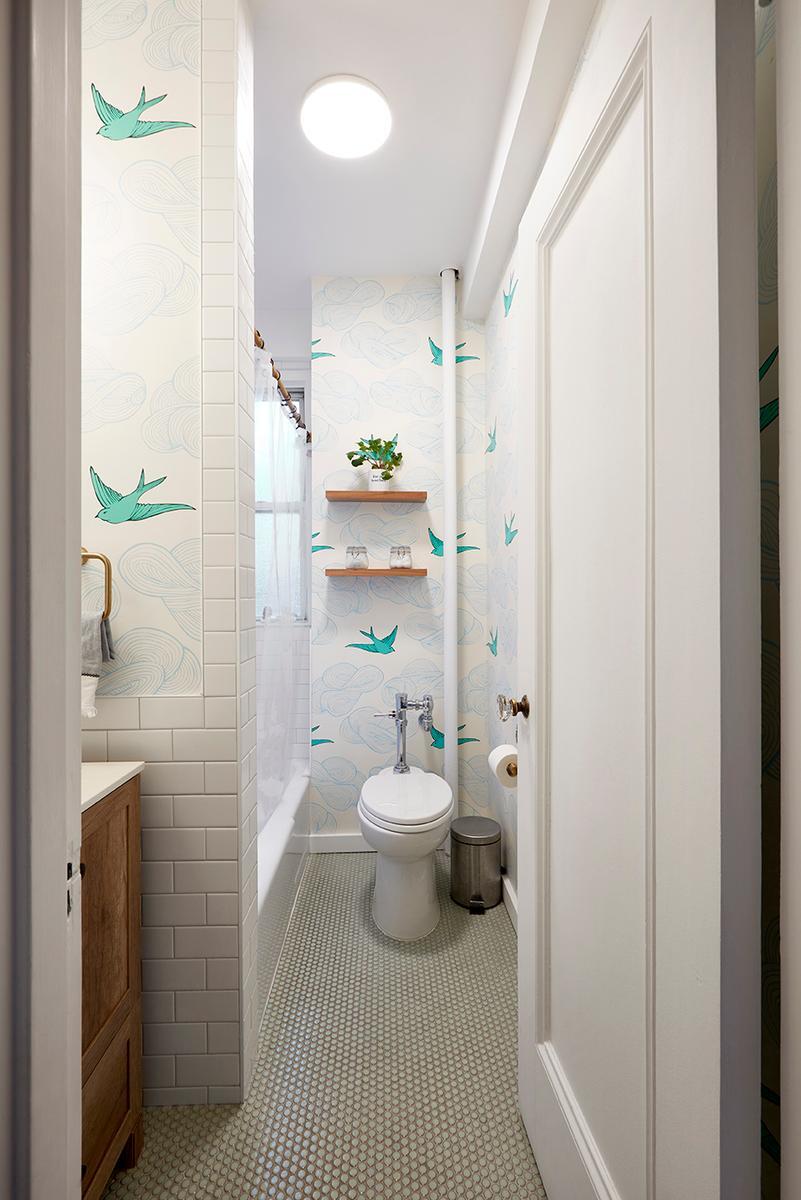 White tile with white wall paper
