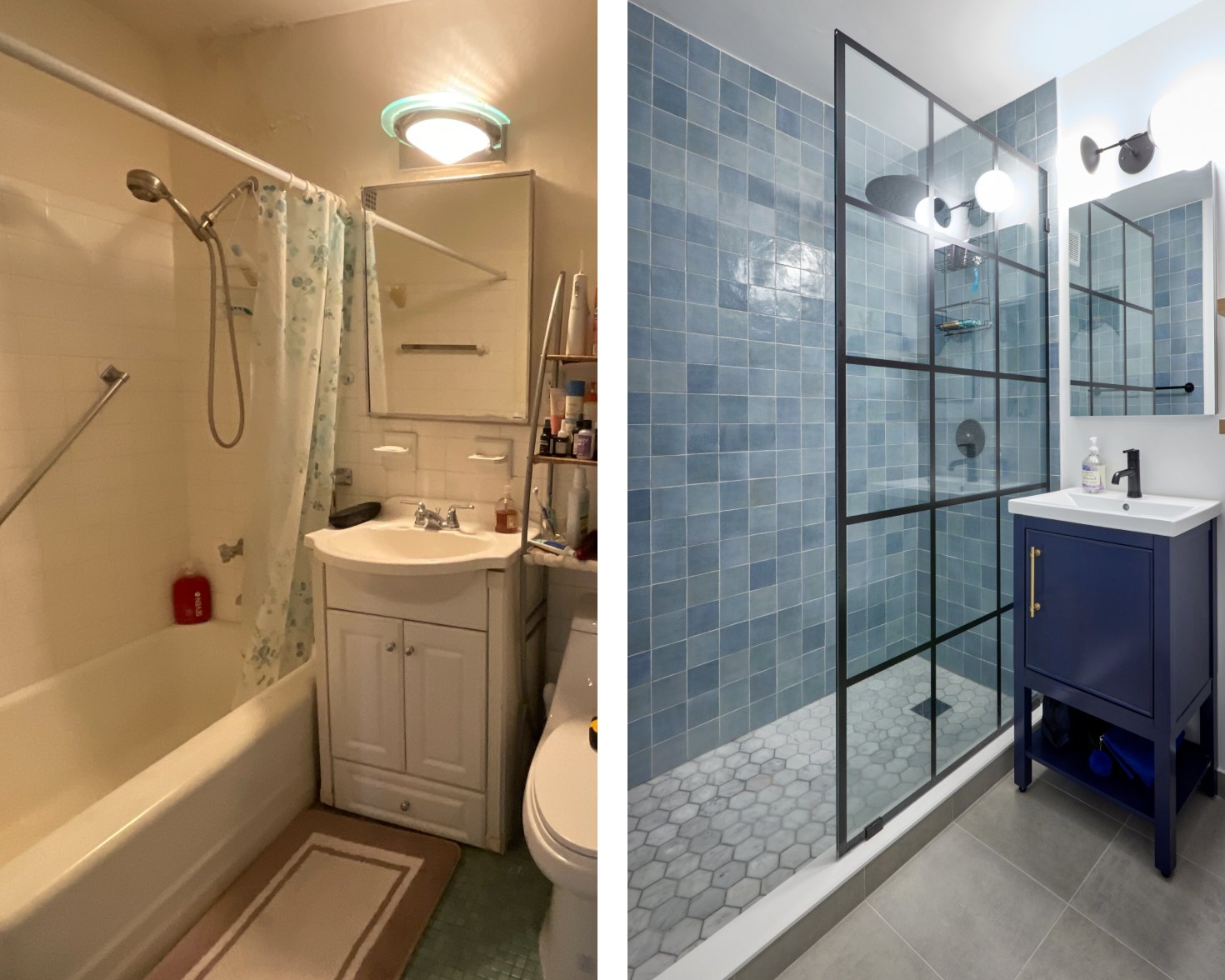 Small bathroom remodel before and after with blue tile