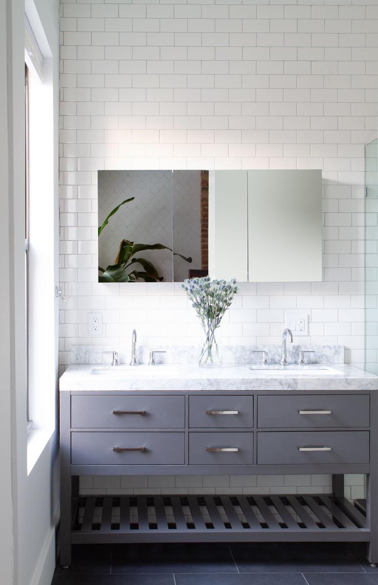 Gray vanity with marble top