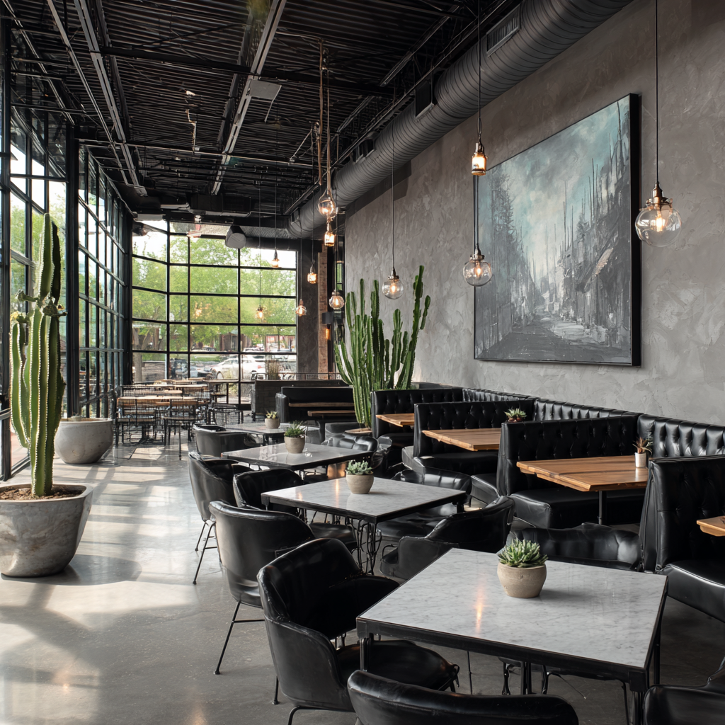 A modern industrial restaurant with concrete floors, black leather seating, and large windows.