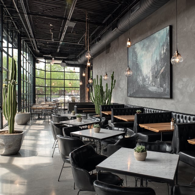 Industrial-style restaurant with black seating, cement floors, and large windows.