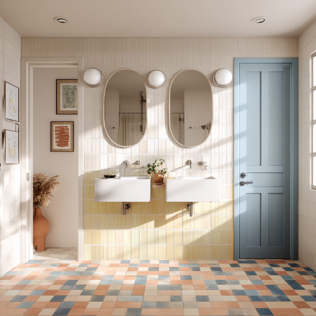 A brightly lit bathroom with a double vanity, a light blue door, and multicolored checkerboard floor tiles.