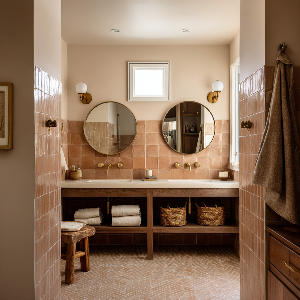 The image depicts a double vanity in a bathroom, featuring two round mirrors, brass fixtures, a wooden open-shelf cabinet, and warm-toned terracotta-style subway tile.