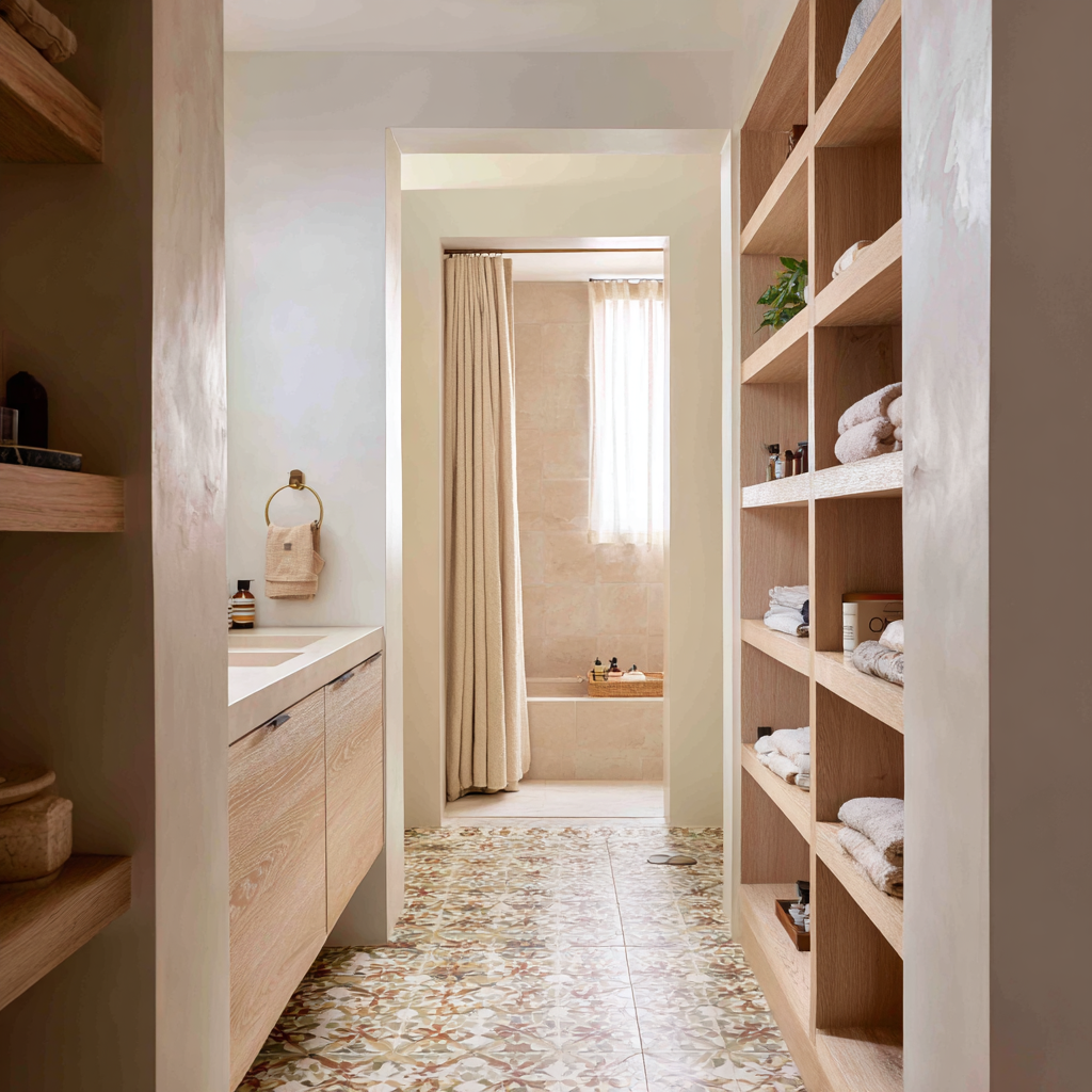 A long, narrow bathroom featuring a light wood double vanity on the left and tall, open wood shelving on the right, leading to a shower/tub area with a neutral curtain and window.