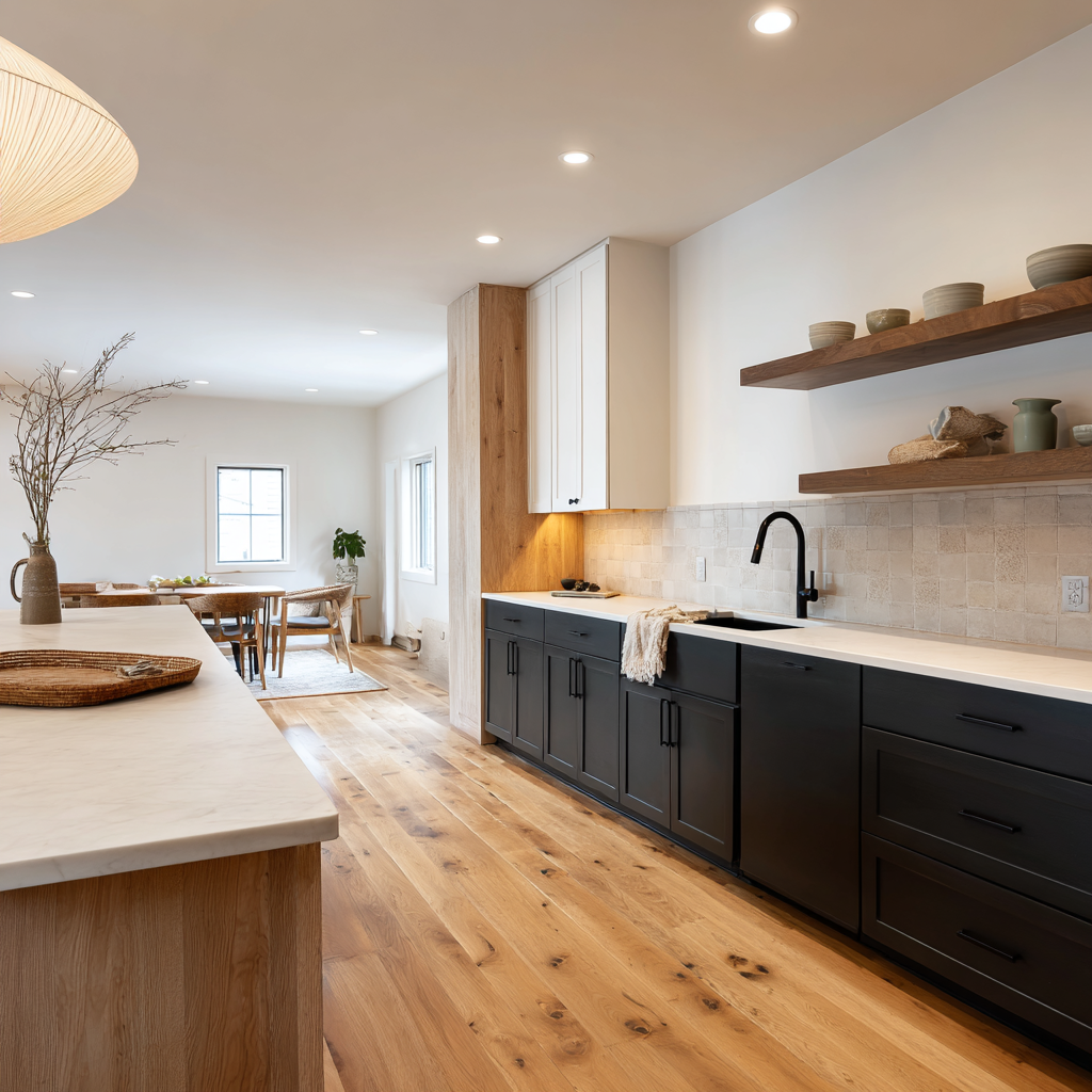 Image: A long ranch kitchen shot from the corner of the room, with dark charcoal lower cabinets, white ash flat-front upper cabinets running fully to the ceiling, a quiet handmade square tile backsplash, and a Nakashima-influenced dining table visible in the open dining area beyond.