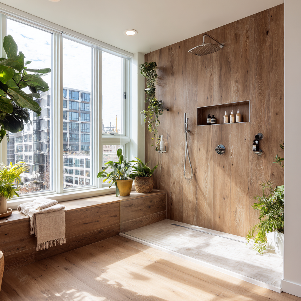 A Japandi-style walk-in shower with warm wood wall panels, built-in niches, abundant indoor plants, and a large window flooding the space with natural light.