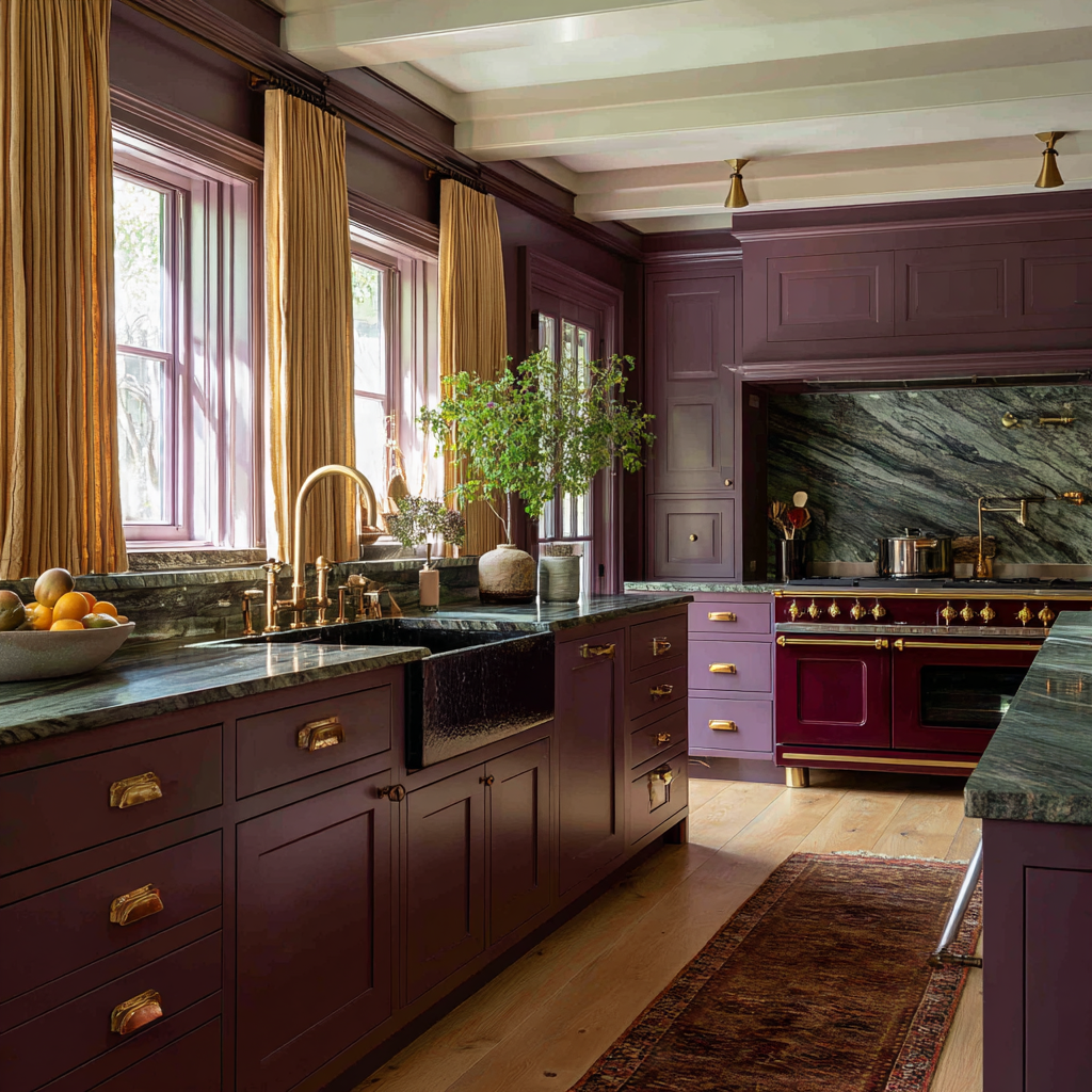 A wide kitchen with deep plum cabinetry running fully to the ceiling on both uppers and lowers, dark green marble countertops, a deep burgundy enamel range, and marigold window treatments, all reading as one saturated, cohesive palette. 