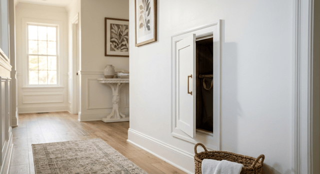 White laundry chute in a hallway with wood floors and a rug.