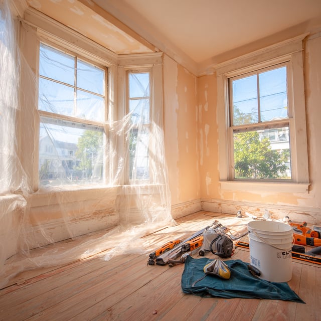 Renovation work in a room with bare wood floors, covered windows, and construction tools on the floor.