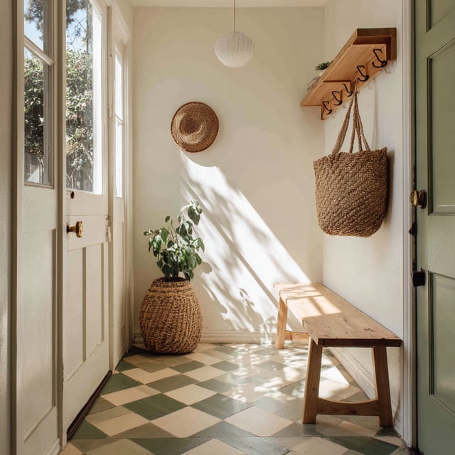 A cozy, sunlit entryway with woven décor, a wooden bench, and patterned tile flooring.
