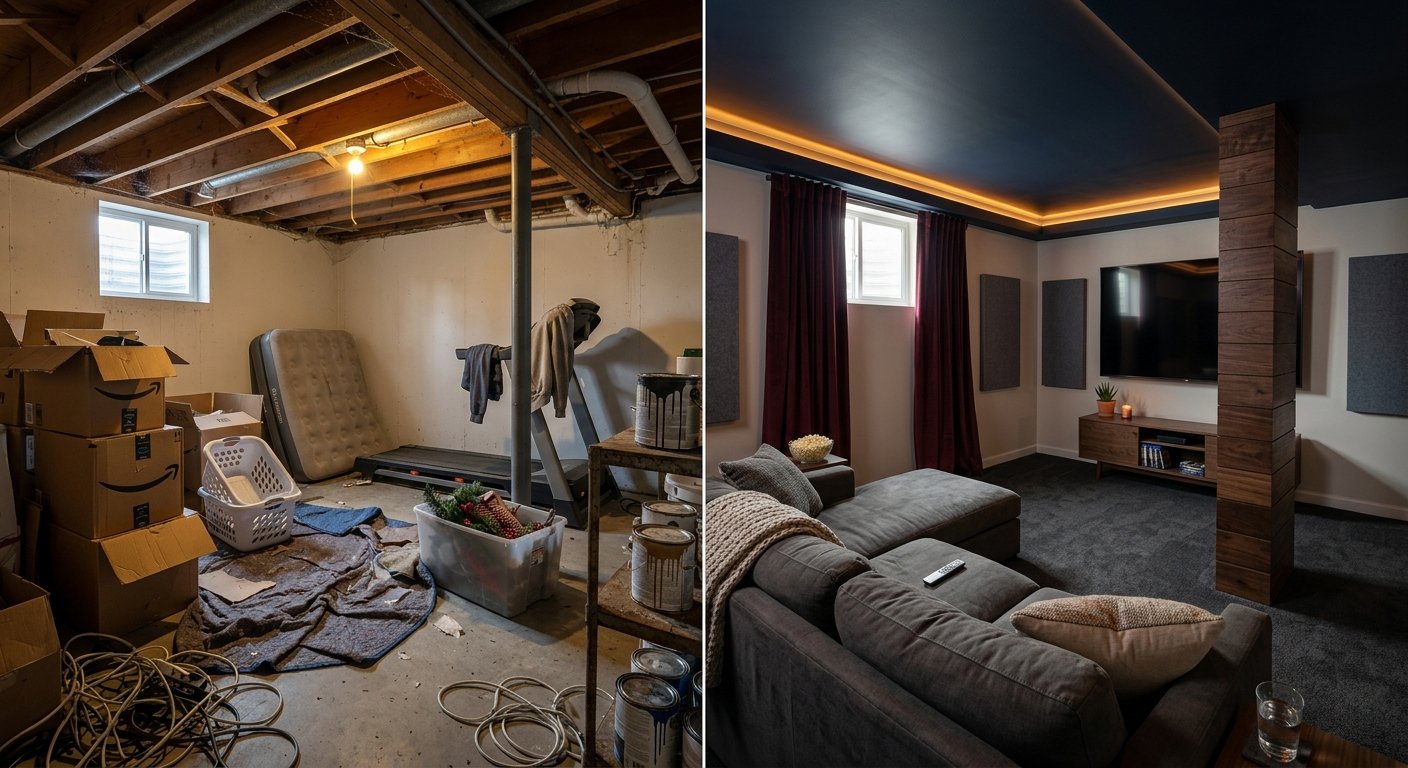 The before shows a raw, exposed-joist basement with a single bare bulb; the after shows how recessed lighting combined with LED cove lighting along the ceiling perimeter makes the room feel polished and much more spacious.