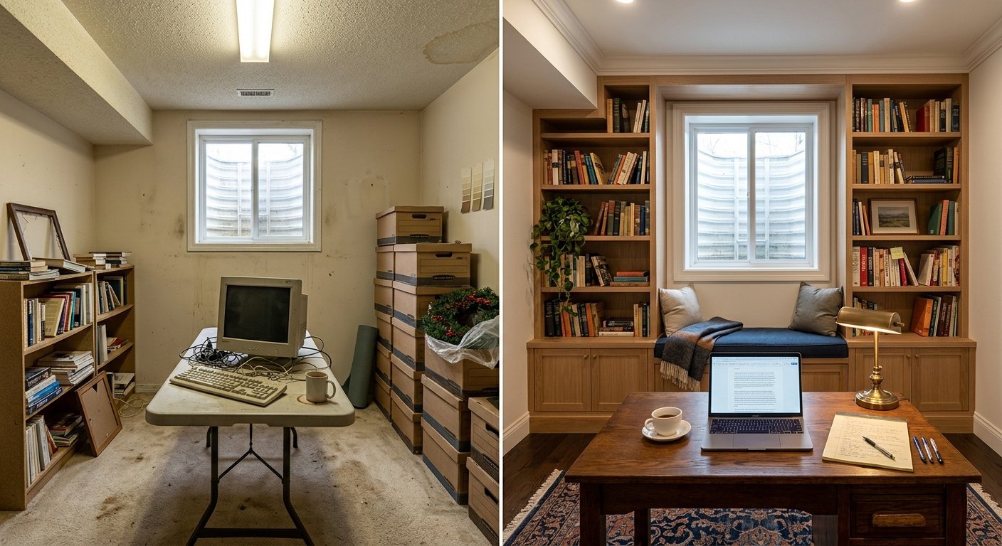The full before-and-after shows how a cluttered, underutilized basement room became a polished home study anchored by floor-to-ceiling built-in shelving and a window seat, demonstrating how strategic built-ins can make a low-ceiling room feel expansive and intentional.