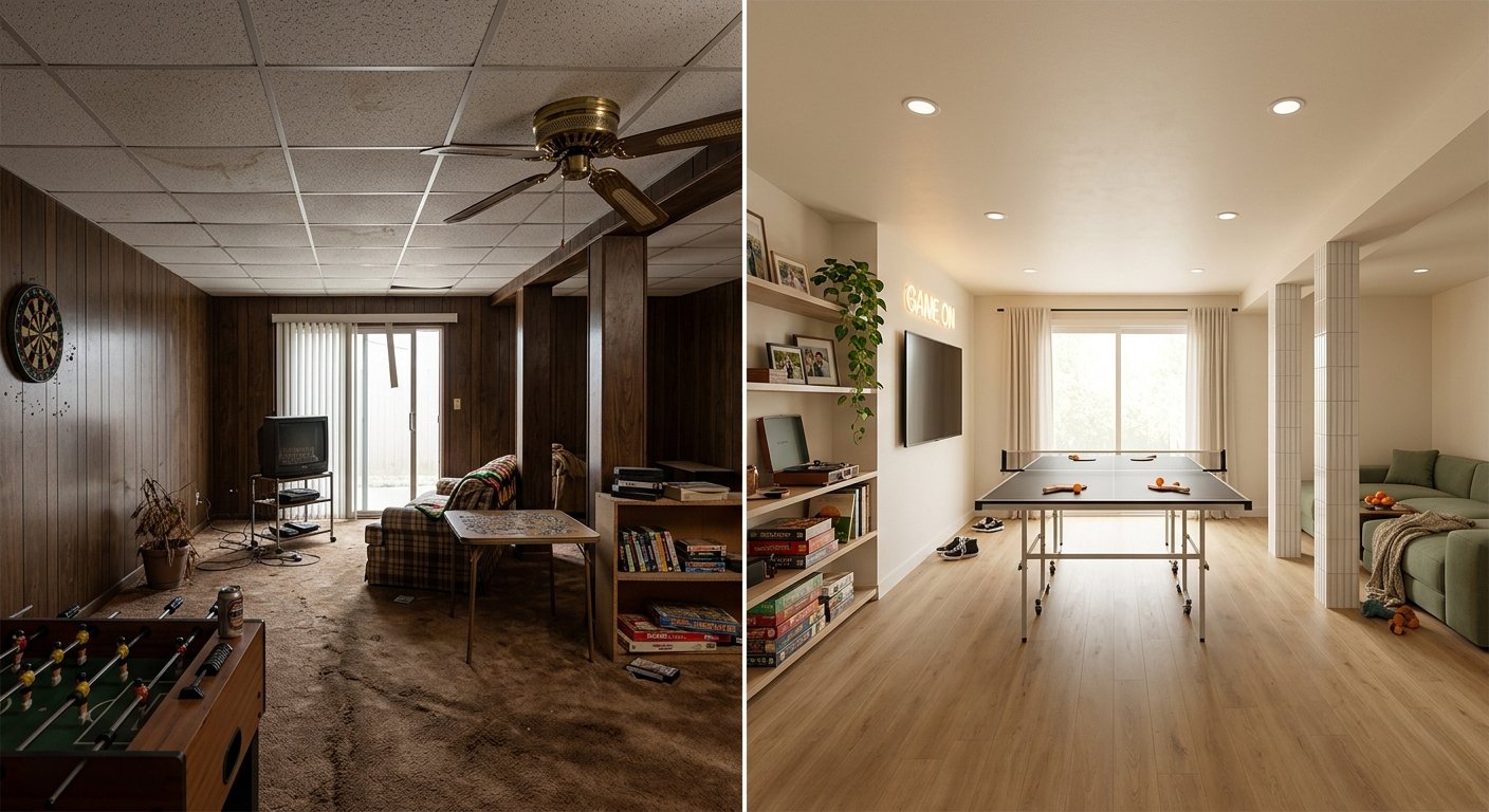 Low-Ceiling-Room-Before_After The before shows a classic drop-ceiling basement game room with dark wood paneling and stained carpet; the after shows how removing the drop ceiling, replacing the paneling, and installing recessed lighting opened the room up dramatically.