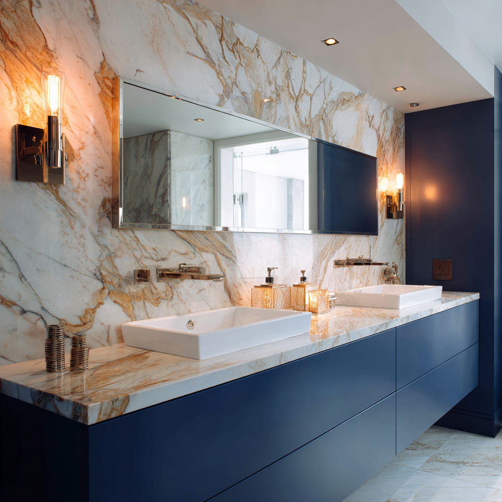 The full wall of dramatic white marble with bold gold and grey veining running floor to ceiling behind a long navy blue floating vanity cabinet, with two square white vessel sinks sitting on top of a white marble countertop, individual silver faucets mounted directly into the marble surface beside each sink, and a long horizontal mirror spanning the full width of the vanity with warm gold-toned sconce lights on either side.