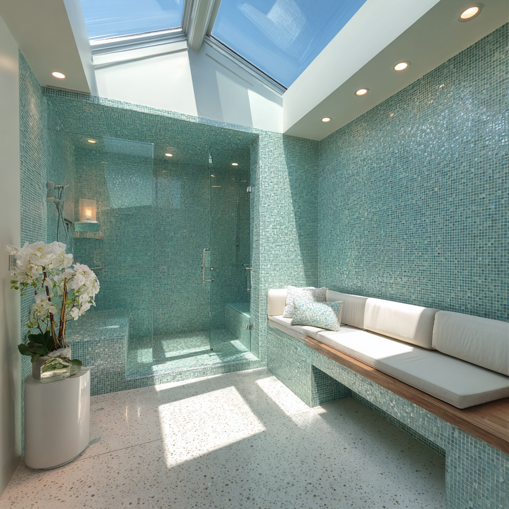 A bright spa-style bathroom with aqua glass tile walls, a glass-enclosed shower, a built-in cushioned bench, terrazzo flooring, and large skylights letting in natural light.
