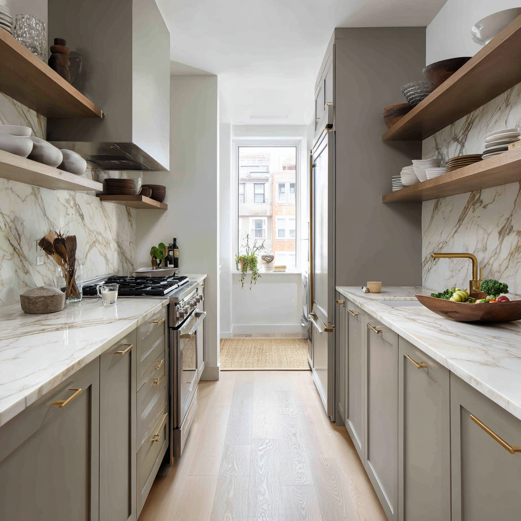 Marble Backsplash Gray cabinets