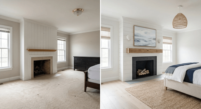 The image is a side-by-side comparison showing the "before" and "after" of a master bedroom renovation, with the "after" image featuring a coastal style.